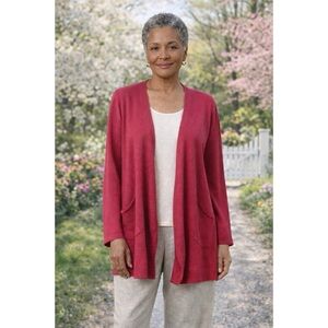Eileen Fisher System Open Front Cardigan Linen Sweater Draped Pockets Sz M